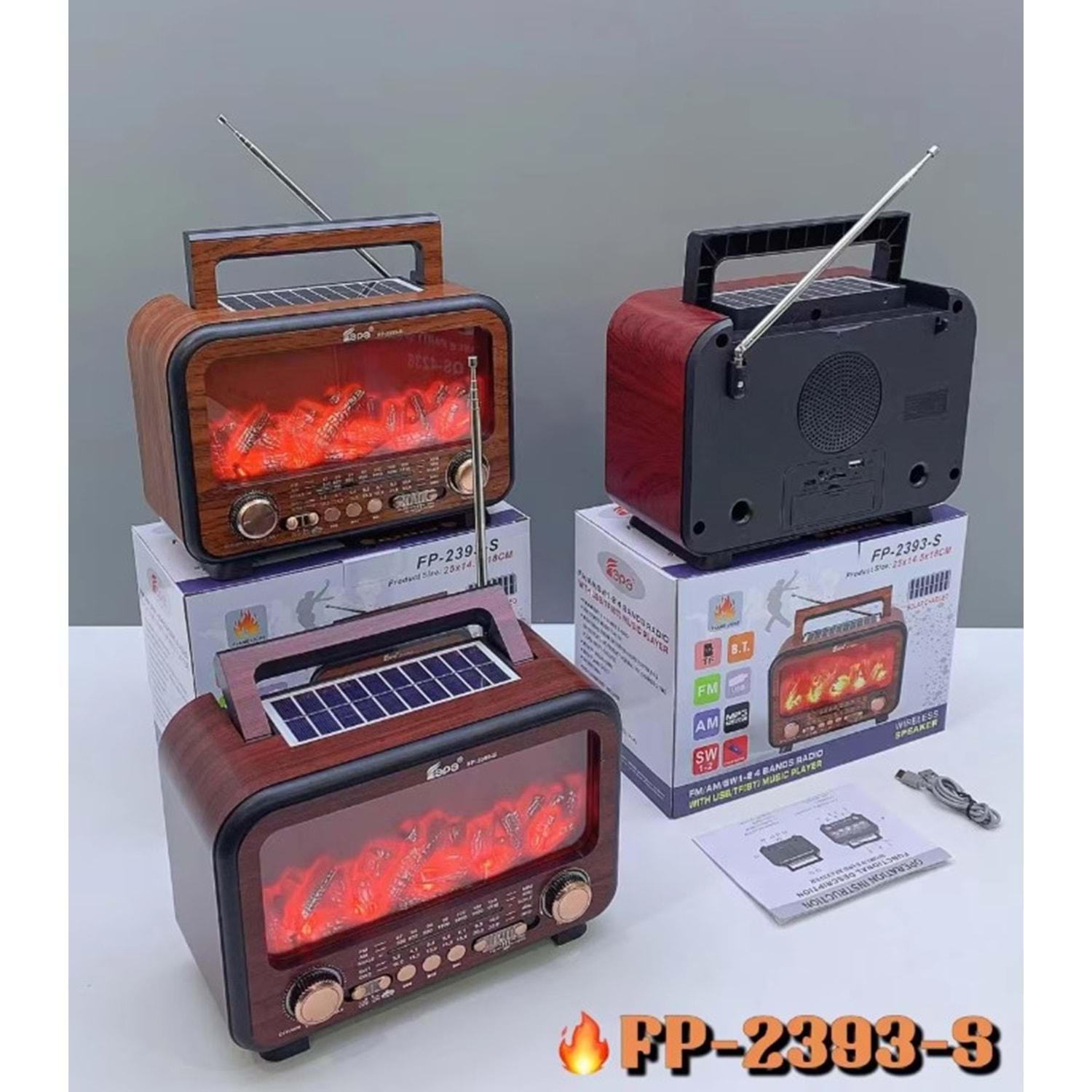 FP-2393-S Şömineli Güneş Enerji Panelli Nostaljik Radyo Taşınabilir Hoparlör Kablosuz Retro Speaker