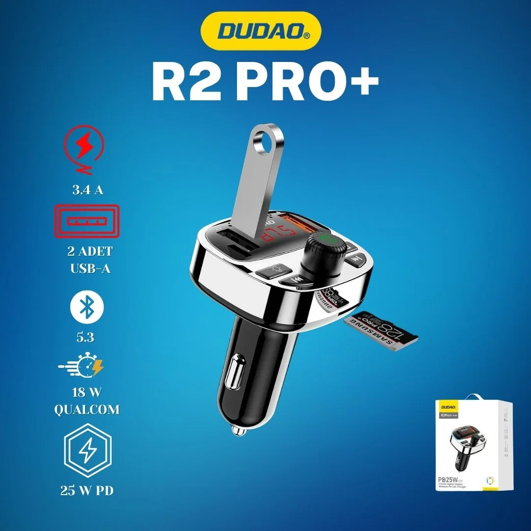 DUDAO R2PRO+ - PD 25W Araç İçi Çakmaklık Şarj Cihazı ve FM Transmitter – Dijital Ekran ve RGB Işık
