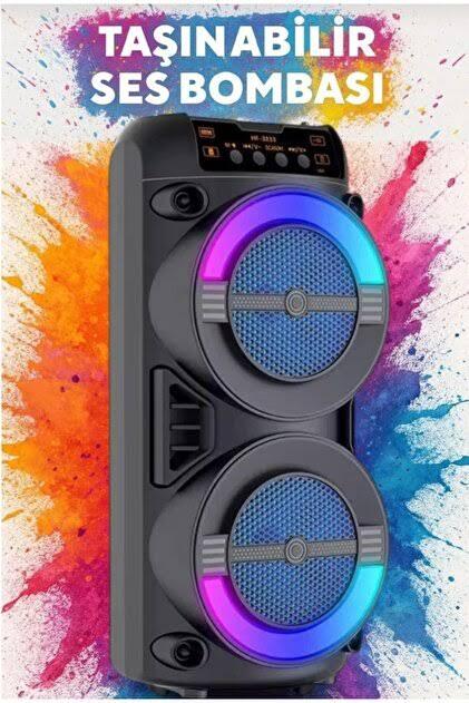 PG-3233 Taşınabilir Bluetooth Hoparlör - RGB Led Işıklı 2x3 İnç Çift Hoparlörlü Ses Bombası